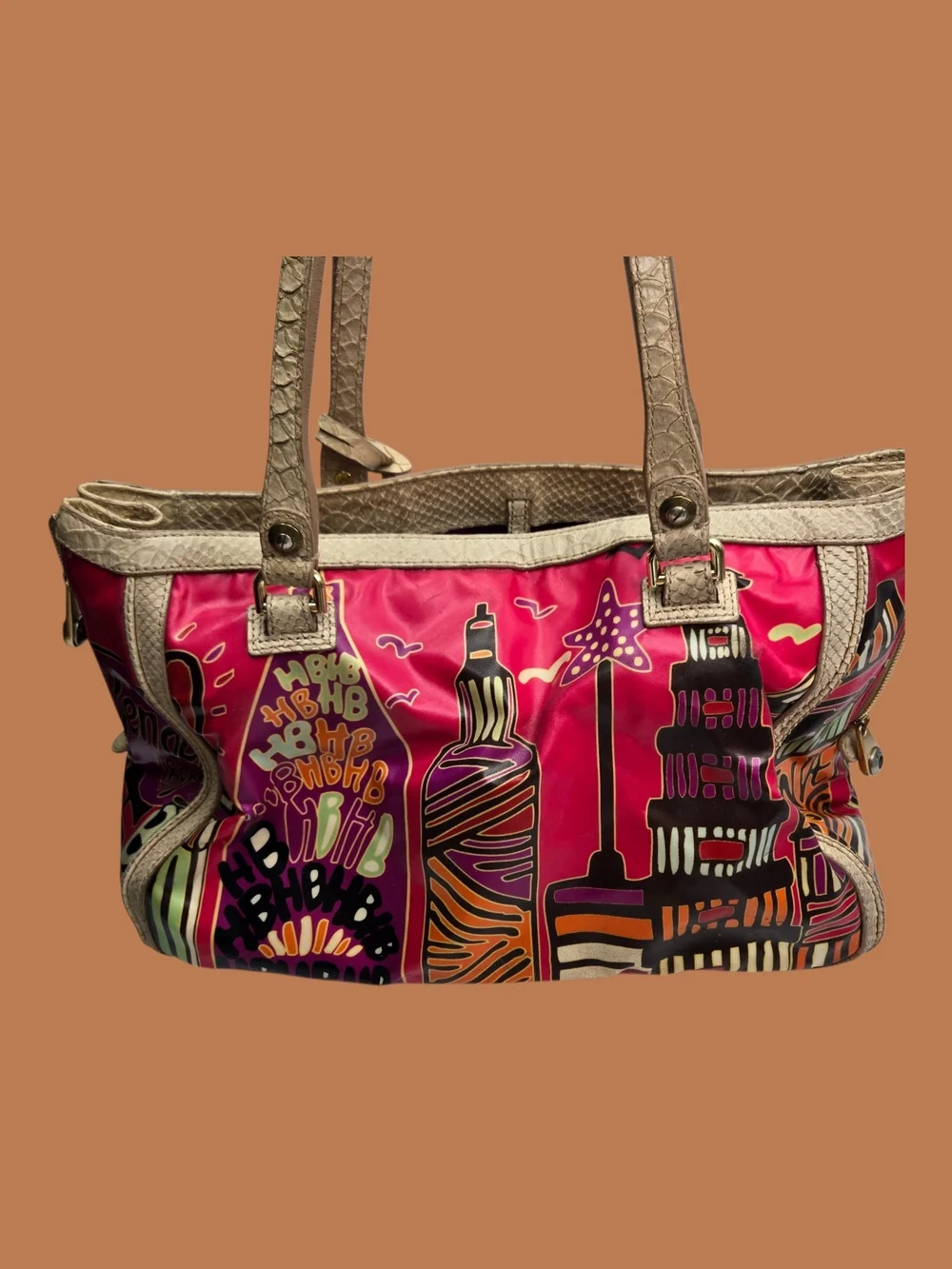 Henri Bendel NYC Skyline Tote Pink Graphic Snake Embossed Shoulder Bag Mirror